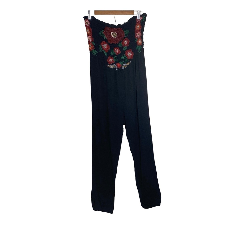 Free People Floral Embroidered Women Jumpsuit Small Black Strapless Smocked Boho
